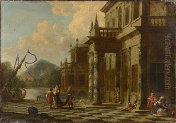 Vues Architecturales Avec Des Personnages Orientaux S'embarquant (pair) - view 1