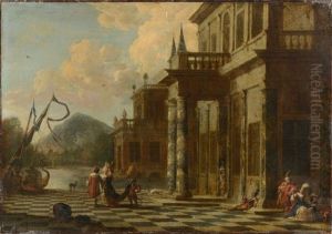 Vues Architecturales Avec Des Personnages Orientaux S'embarquant (pair) by Jacob Peeters