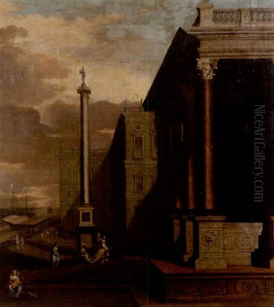 Elegant Figures On The Steps Of A Palazzo, A View To A Harbour Beyond - view 1