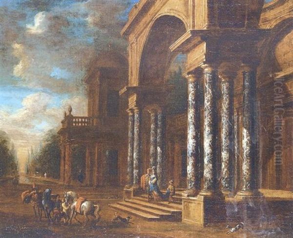 Couple Seigneurial Descendant Les Marches D'un Palais Et Se Dirigeant Vers Les Chevaux Que Tiennent Leurs Palefreniers - view 1