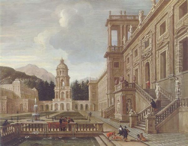 The Courtyard Of A Fantastical Palace With Figures Gathered Around A Fountain - view 1