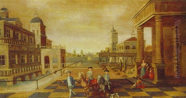A Man Leading Two Young Gentlemen On Horseback Across The Courtyard Of A Moated Palace - view 1