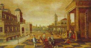 A Man Leading Two Young Gentlemen On Horseback Across The Courtyard Of A Moated Palace by Jacobus Balthasar Peeters