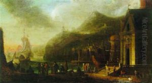 Harbour Scene With Figures Beside A Quay