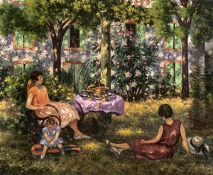 Mere Et Deux Enfants Dans Un Jardin A St Tropez by Auguste Pegurier