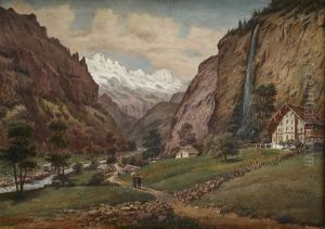 Tal In Der Schweiz Mit Wasserfall Und Blick Auf Das Mont Blanc Massiv by Friedrich Eugen Peipers