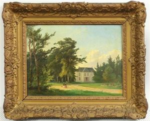 Wandelend Elegant Paar In Een Park Bij Een Buitenhuis Wandelend Elegant Paar In Een Park Bij Een Buitenhuis