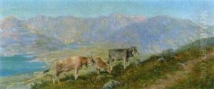 Weidende Kuhe In Schweizer Gebirgslandschaft by Carlo Pellegrini