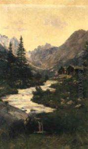 Alpenlandschaft Mit Gebirgsbach Und Chalets