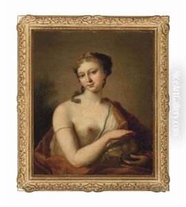 Portrait Of A Lady As Summer, Bust-length, Wearing An Orange Robe Over One Shoulder, Holding A Basket Of Fruit by Giovanni Antonio Pellegrini