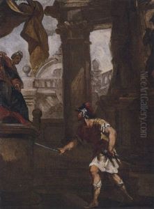 A Classical Subject With A Figure Drawing His Sword Before A King
