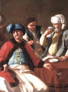 Four Oriental Men Smoking And Drinking Chocolate At A Table by Giovanni Antonio Pellegrini