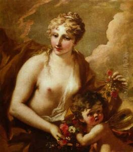 Flora Und Zephyr, Der Junge Windgott Mit Schmetterlingsflugeln, Liebkost Die Gottin Der Blumen by Giovanni Antonio Pellegrini