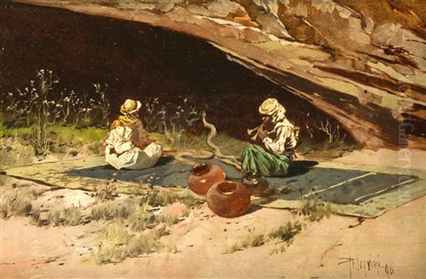 Zwei Nordafrikanische Manner Auf Einem Grosen Teppich Mit Zwei Schlangen Im Hellen Licht - view 1