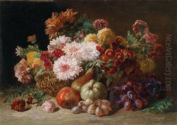 Herbstliches Stillleben Mit Blumenkorb Und Fruchten - view 1