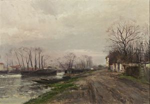 Herbstliche Flusslandschaft Mit Lastkahnen Und Architekturstaffage