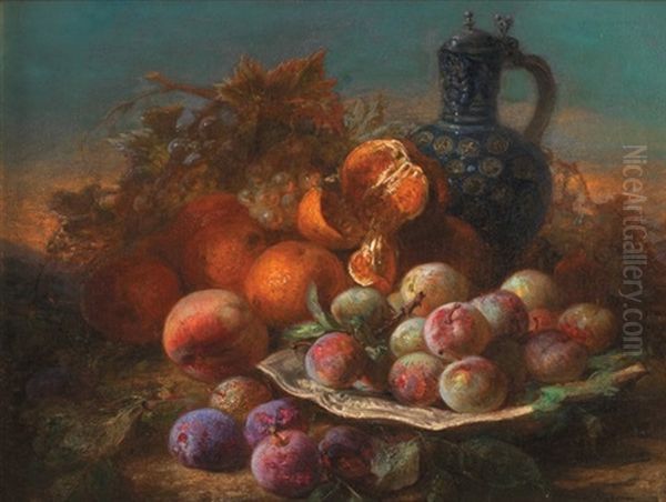 Prunes, Oranges Et Pichet En Gres Devant Un Paysage - view 1