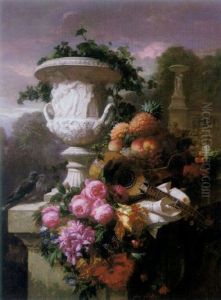 Still Life Of Flowers And Fruit With Medici Vase And Mandoline by Jules Antoine Pelletier
