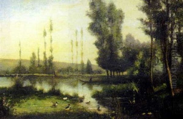 Bord De L'etang, Pecheur Et Canards - view 1
