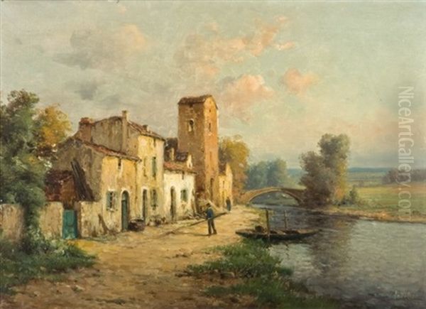 Riviere Du Midi Avec Barques, Encadree De Maisons (+ Riviere Du Midi Avec Rue De Village; Pair) - view 1