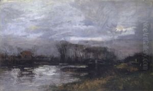 Fluslandschaft Mit Lastkahn Fluslandschaft Mit Lastkahn