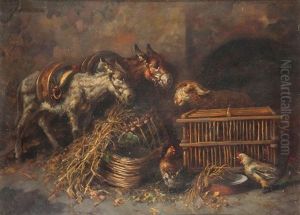 Interno Di Stalla Con Asini, Galline E Ariete by Tito Pellicciotti