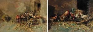 Cockrels And Hens In A Barn by Tito Pellicciotti