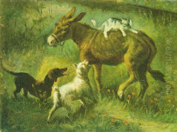 Due Cani Che Abbaino A Un Gatto Che Si E Refugiato Sul Dorso Di Un Asino - view 1