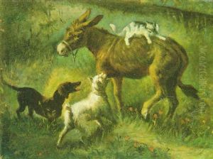 Due Cani Che Abbaino A Un Gatto Che Si E Refugiato Sul Dorso Di Un Asino by Tito Pellicciotti