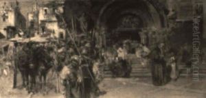 Courtyard Scene With Many Figures And Donkeys Outside A Church