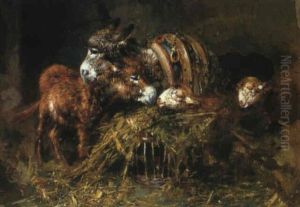 Donkeys And Sheep In A Stable by Tito Pellicciotti