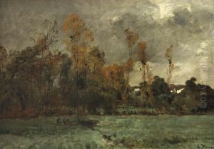 A Landscape Under Darkening Skies, Thought To Be Rochefort-en-terre, Brittany by Leon Germain Pelouse