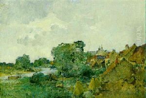 Flusslandschaft Mit Dorf by Leon Germain Pelouse