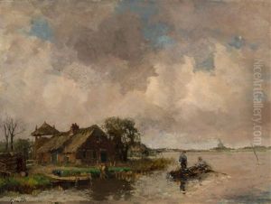Farmers In A Boat By A Farm On A Lake by Gottfried Van Pelt