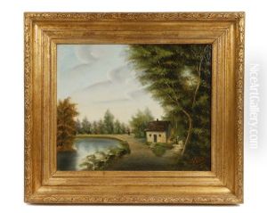 Country Landscape With Two Figures Near Riverside Cottage Country Landscape With Two Figures Near Riverside Cottage