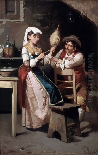 Interior Scenes With A Young Couple, The Girl Spinning Wool (pair) - view 1