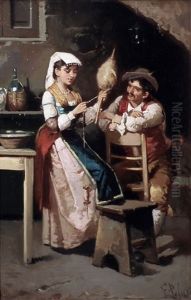 Interior Scenes With A Young Couple, The Girl Spinning Wool (pair) by Francesco Peluso