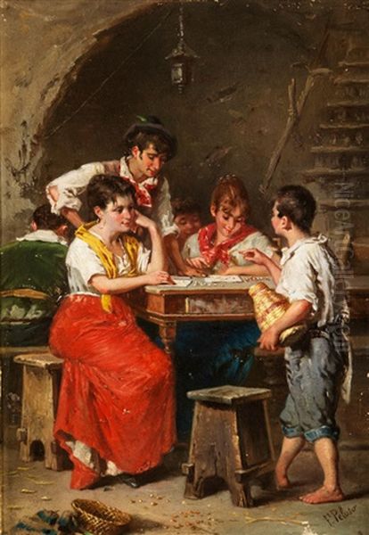 Junge Neapolitianische Familie Unter Einem Mauerbogen Am Tisch Beim Sortieren Von Perlen (korallen?) - view 1
