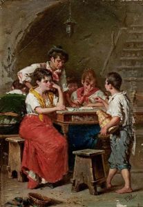 In Einer Stube Um Den Tisch Versammelte Familie Bei Einem Zahlspiel