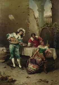 Lustiges Stelldichein. Junger Herr Spielt Schoner Dame Ein Standchen Bei Einem Glas Wein by Francesco Peluso
