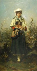 A Young Girl Gathering Flowers by Maximino Pena Munoz