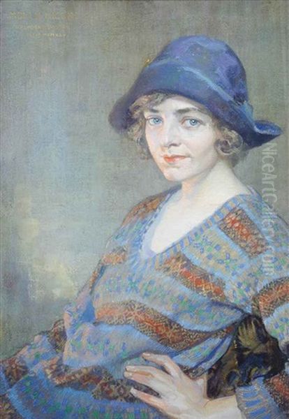 Portrait Of Molly Hickin, Seated Half-length, In A Blue Hat And A Patterned Sweater (+ An Unfinished Portrait Of A Lady, Verso) - view 1