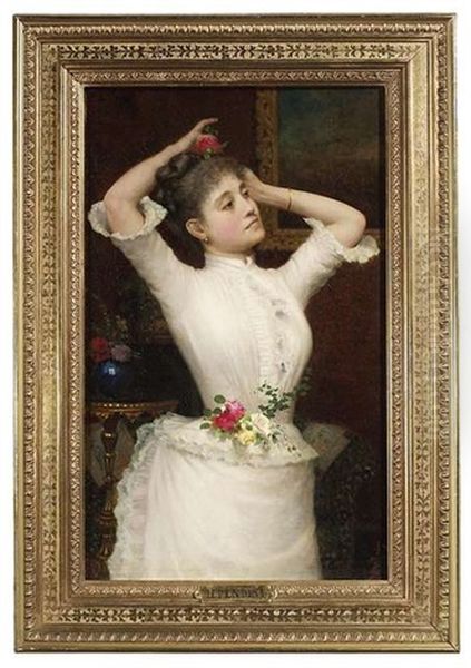 Elegante Dame Im Salon. Sie Tragt Ein Weises Kleid Und Schmuckt Ihr Haar Mit Blumen - view 1