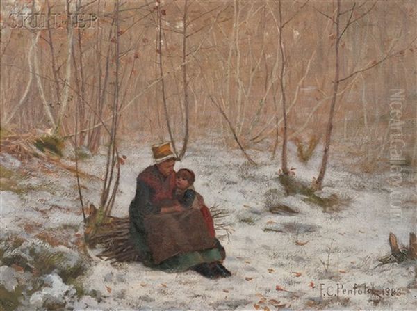 Mother And Child Seated On A Bundle Of Sticks In A Winter Wood - view 1