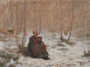 Mother And Child Seated On A Bundle Of Sticks In A Winter Wood by Frank C. Penfold