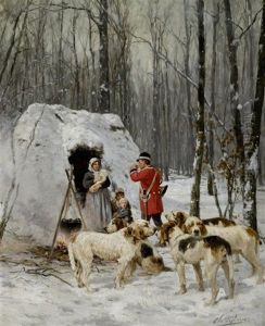 Jager Und Familie In Einem Winterlichen Wald