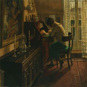 Interior With Womanwriting by Aage Blumensaadt