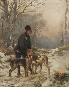 A Huntsman With Hounds In A Winter Landscape by Olivier de Penne