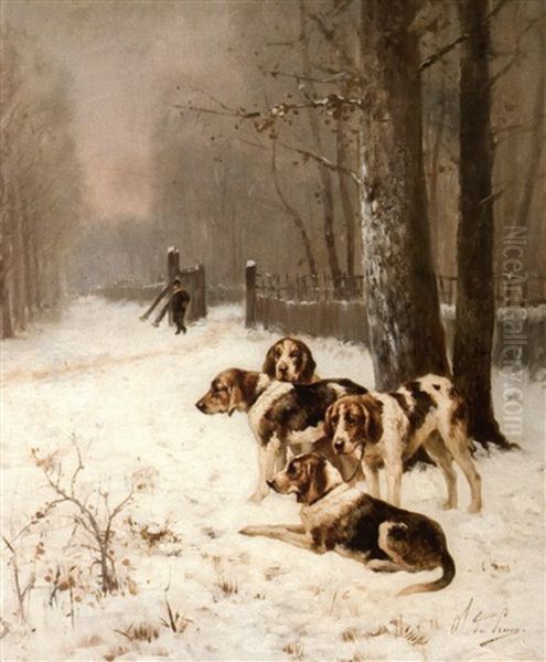 Relais De Chiens Griffons Dans Un Paysage De Neige - view 1