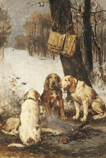 Jagdhunde Am Lagerfeuer In Verschneitem Winterwald - view 1